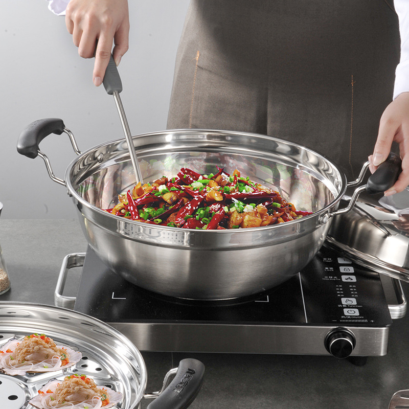 Chuangyu acero inoxidable no recubierto multiusos vapor de dos capas wok acero inoxidable vapor de doble oreja wok vapor al por mayor