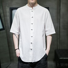 亚麻五分袖开衫男宽松薄款棉麻衬衫中国风复古唐装休闲服大码男装