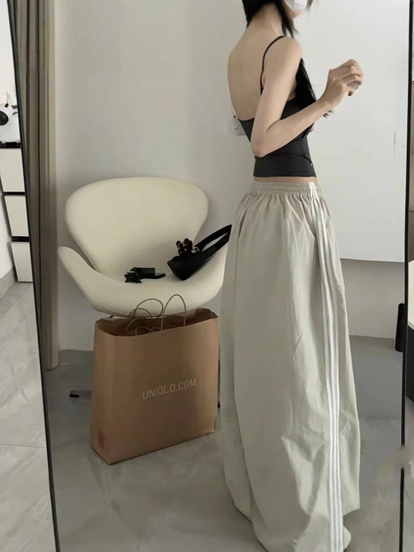 美式低腰阔腿裤条纹休闲运动裤女夏季速干宽松降落伞兵裤跳舞长裤|undefined