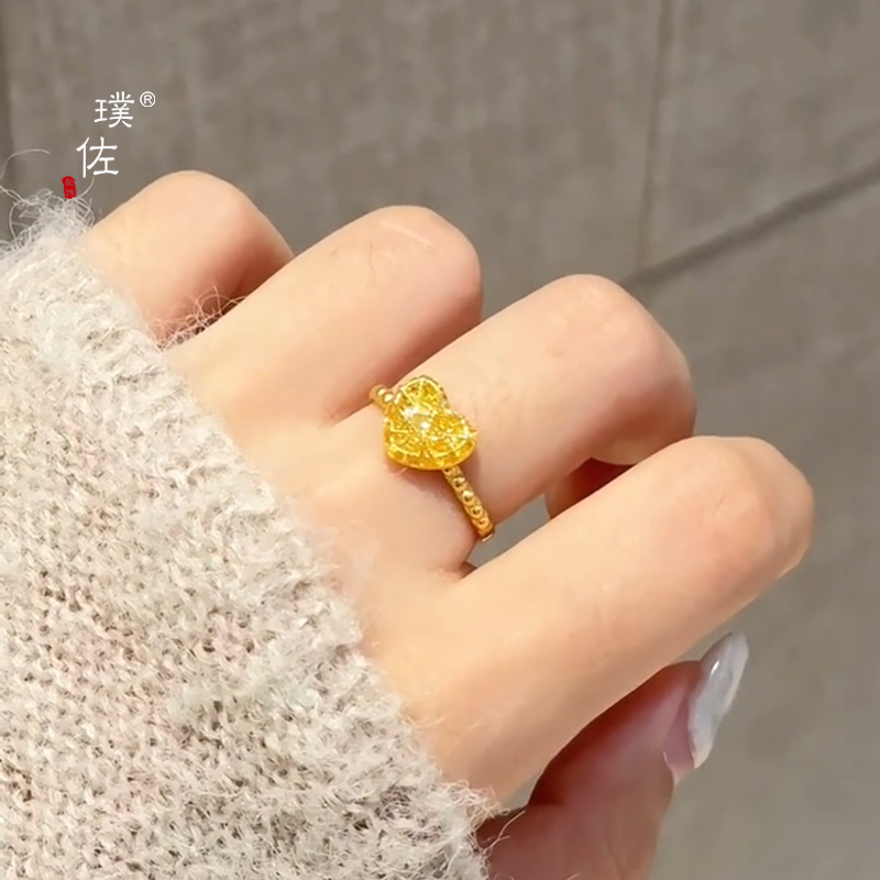 金店同款沙金愛心方糖戒指女新款爆閃花絲戒指精緻指環送女友禮物
