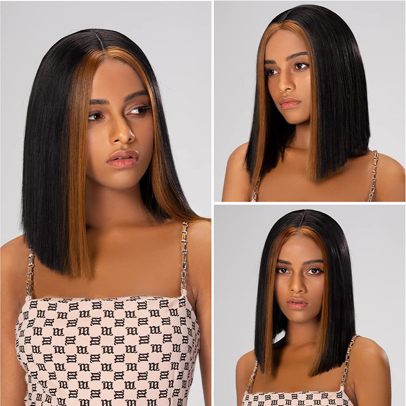 Cross-Border European and American Style Wigs for Women, Lace Front Bob Wig, Burgundy Short Straight Synthetic Hair Wigs, European and American Style