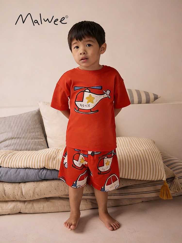 Malwee transfronterizo de niños dos piezas de ropa de verano nueva ropa para el hogar europea y americana de niños de cuello redondo camiseta infantil conjunto