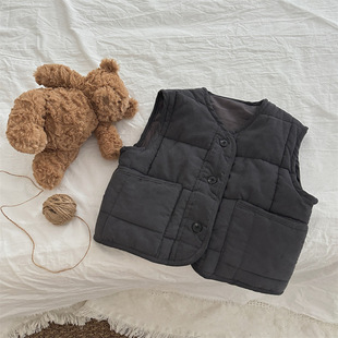 Xi Fan 2024 Autumn and Winter New Children's Quilted Cotton Cute Striped Vest for Boys and Girls Cotton Solid Color Vintage Coat Korean