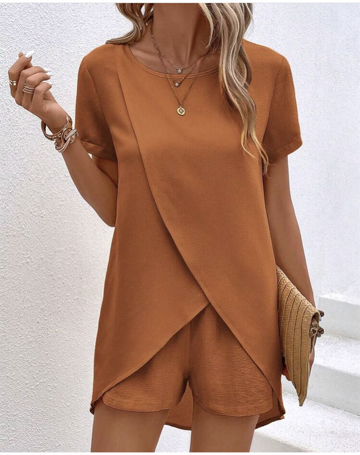 Summer Women's Solid Colour Two-piece Set With Irregular Top_voghion.com