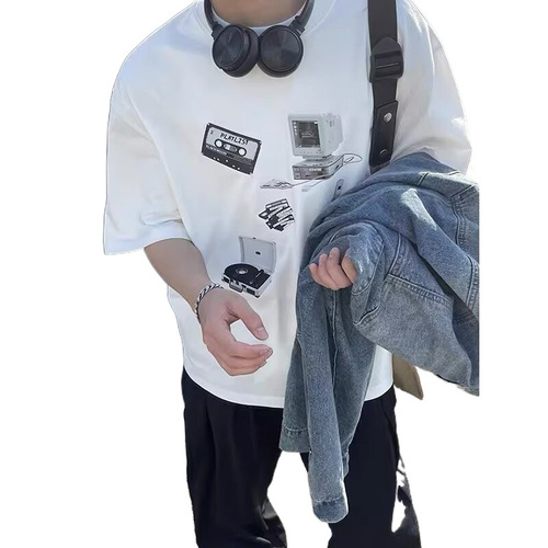 Men's Summer New White Short Sleeve T-Shirt, Streetwear Fashion Loose Fit Versatile Simple Stylish Five-Button Sleeve Clothing