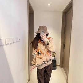 25秋冬新款驴家双锦鲤拼色羊毛针织衫拉链长袖夹克外套