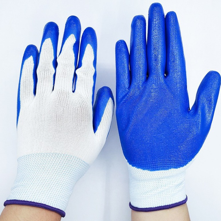 尼龙白纱蓝丁腈手套 防滑薄款浸渍挂胶透气耐磨劳保手套厂家直销/
