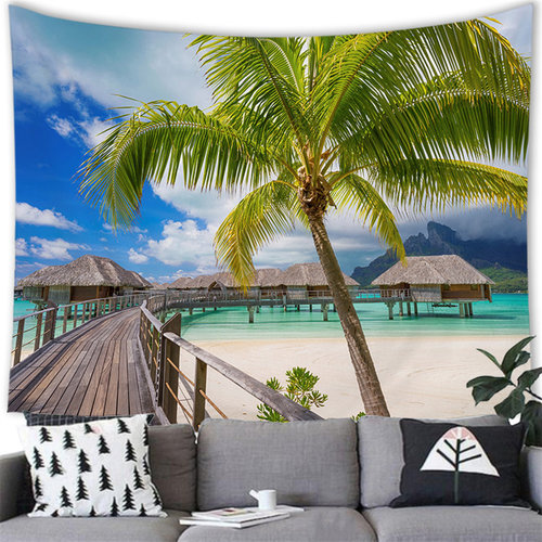 热带海边风景跨境货源工厂桃皮绒磨毛布挂毯壁挂挂画来图G005