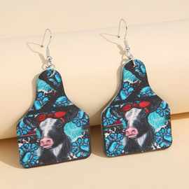 跨境亚马逊新款 西部牛仔牛头PU皮耳环 复古民族风松石印花皮耳饰