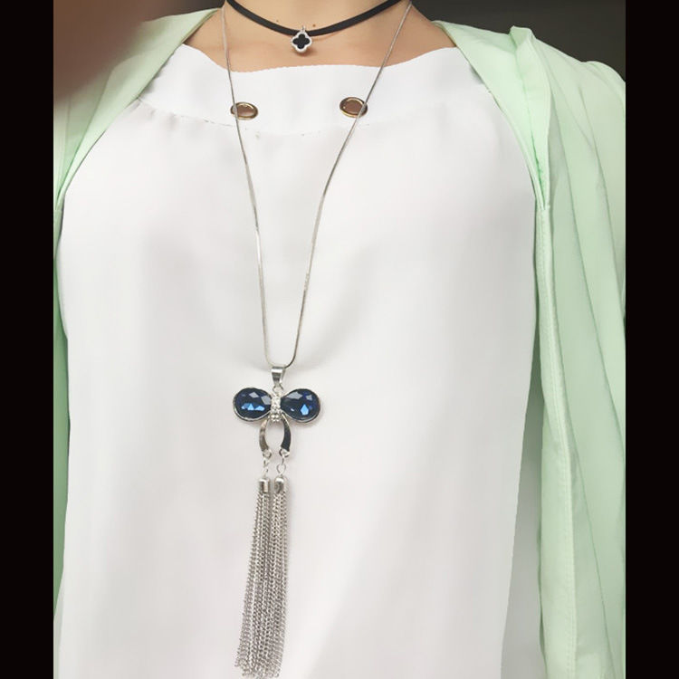 YH ~ nueva mariposa doble borla collar mujeres japonés y coreano elegante todo partido largo cristal imitación joya suéter cadena Accesorios