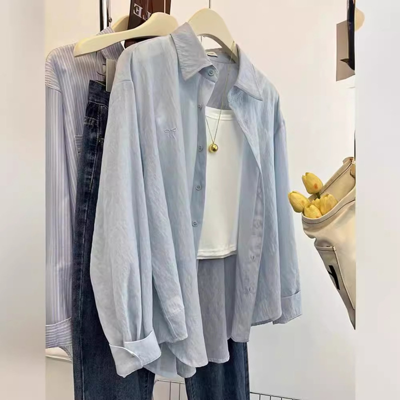 Sun Protection Shirt for Women, Summer Loose Long-Sleeved Cardigan Top, Bow Embroidered Shirt Jacket, Fashionable and Versatile