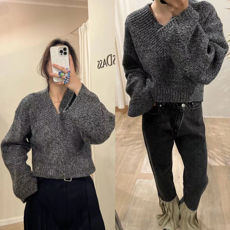 26 Early Spring New Model Vc Expanded Cotton Loop Yarn Thick Wide-Brimmed V-Neck Handmade Knit Short Oversized Sweater