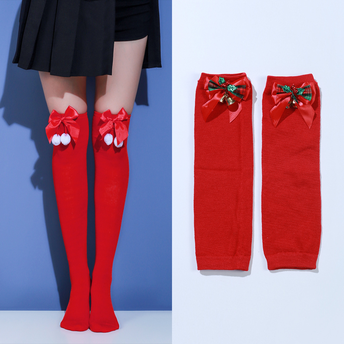 Gants de cyclisme d'hiver, chaussettes à nœud en boule de fourrure rouge au-dessus du genou, cloche de Noël, manches rouges, costume de Nouvel An_voghion.com