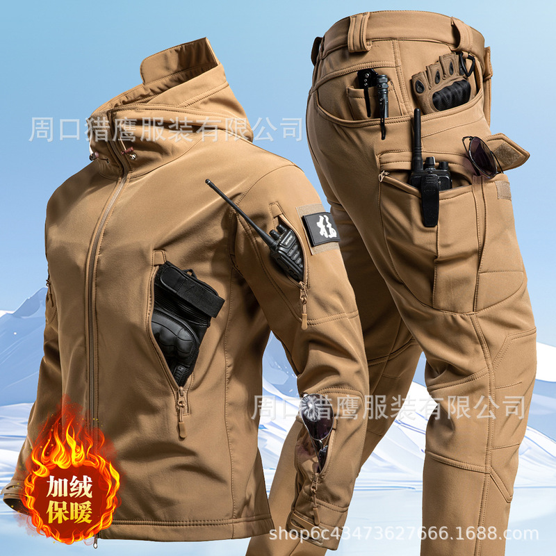 Outdoor Jacket Suit for Men, Winter Warm Fleece-Lined Soft Shell Jacket and Pants, Fishing, Skiing, Mountaineering Clothing, Cold-Proof Fleece Jacket