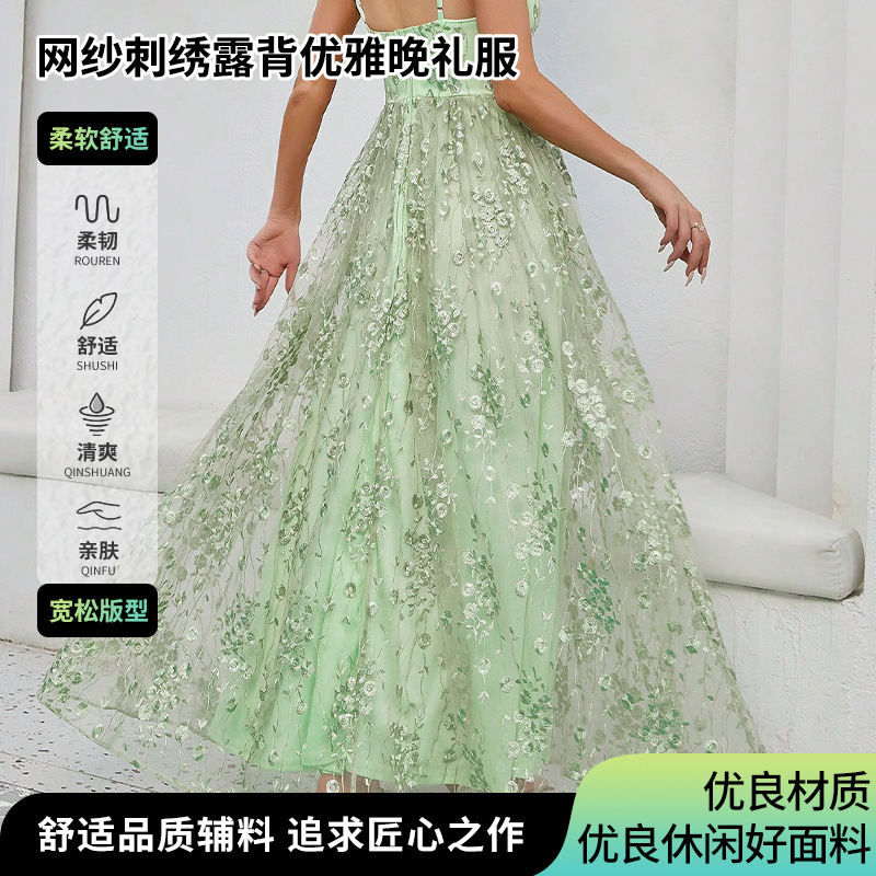 New V Neck Spaghetti Strap Tiktok Mesh Embroidered Backless Elegant Evening Dress Prom Dress Party Dress Bridesmaid Dress