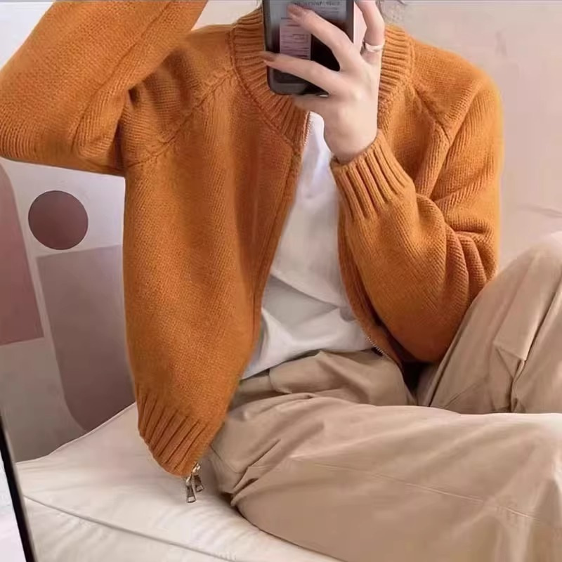 灰色短款毛衣外套女装春秋2025新款宽松加厚拉链开衫长袖针织潮流|undefined