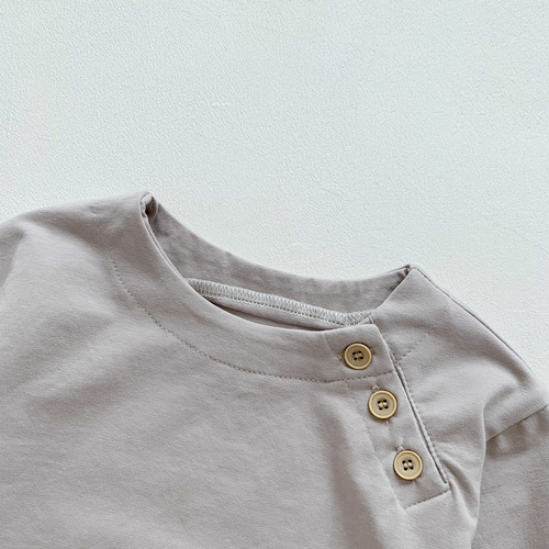  New Children's Solid Color Korean Style Baby Spring Item for Both Boys and Girls Round Neck Open Shoulder Button Collar T-shirt Base Layer Outerwear
