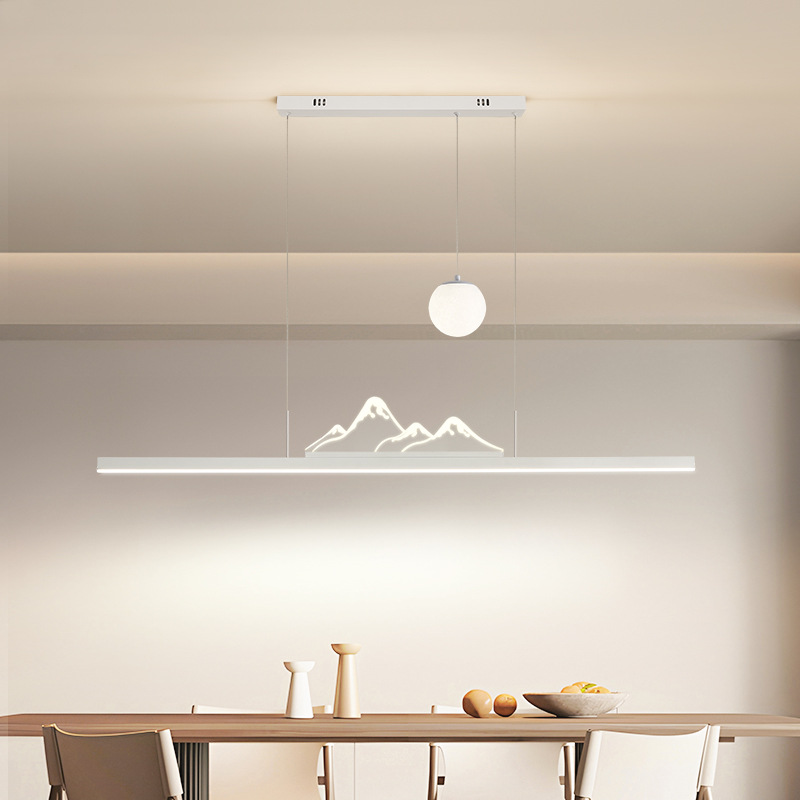 Lámpara de restaurante, nueva lámpara de araña de estilo chino con tiras largas, diseño moderno minimalista de montaña y luna, lámpara de araña para sala de té, iluminación Zhongshan para comedor 055L.