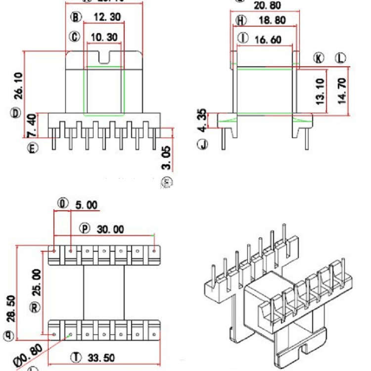 EE33变压器骨架单槽7-7针  EI33骨架卧式7-7
