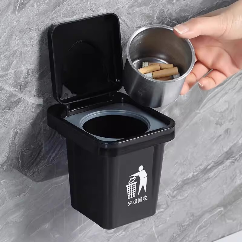 新しい家庭用ゴミ箱壁掛け灰皿ステンレス鋼ライナー蓋付きパンチフリートイレトイレ灰皿|undefined