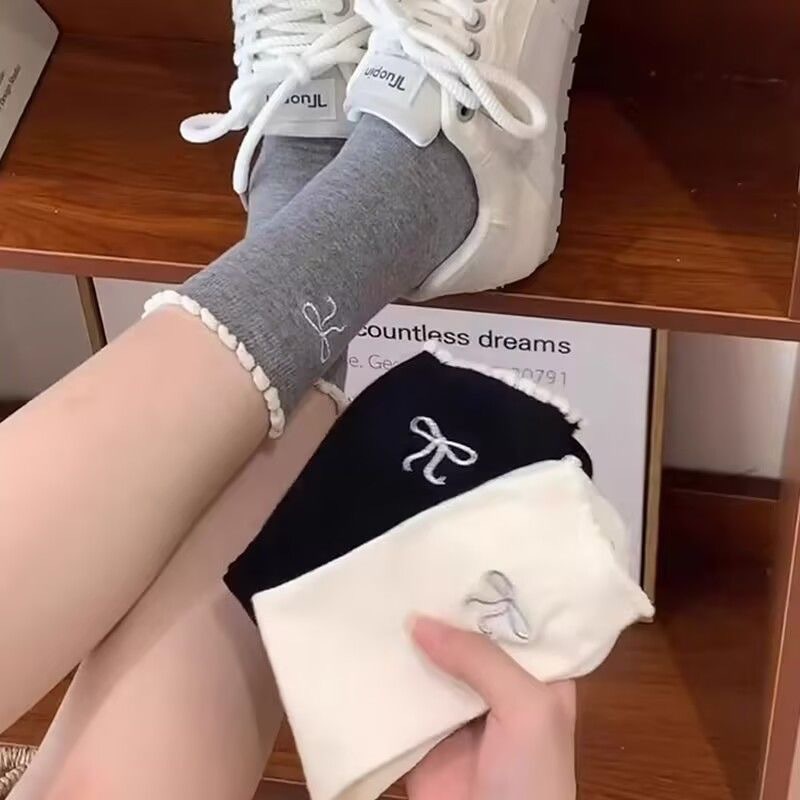 miu白色花边蝴蝶结袜子女春秋纯色中筒袜韩系少女显瘦ins潮堆堆袜|undefined