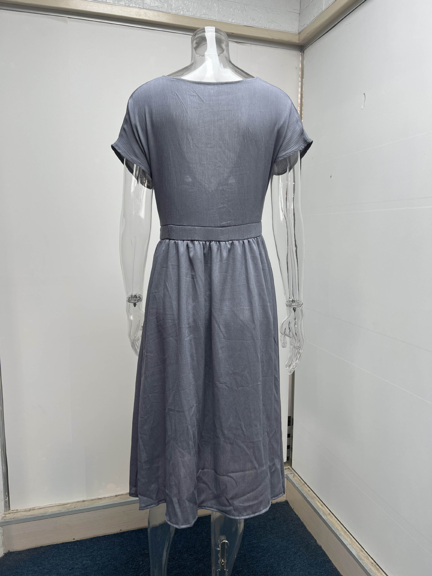 Summer Double Layer Tulle Solid Color Dress Women Deep V Plunge Short Sleeve Waist Controlled Maxi Dress