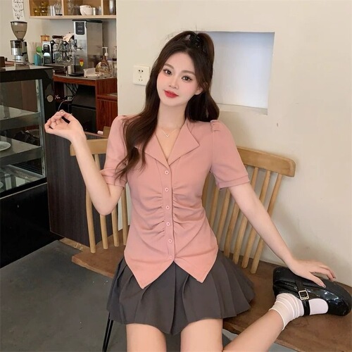 Large size French short-sleeved shirt, women's summer new style, shoulder-shouldered T-shirt, fat and skin-covering pink top, jin