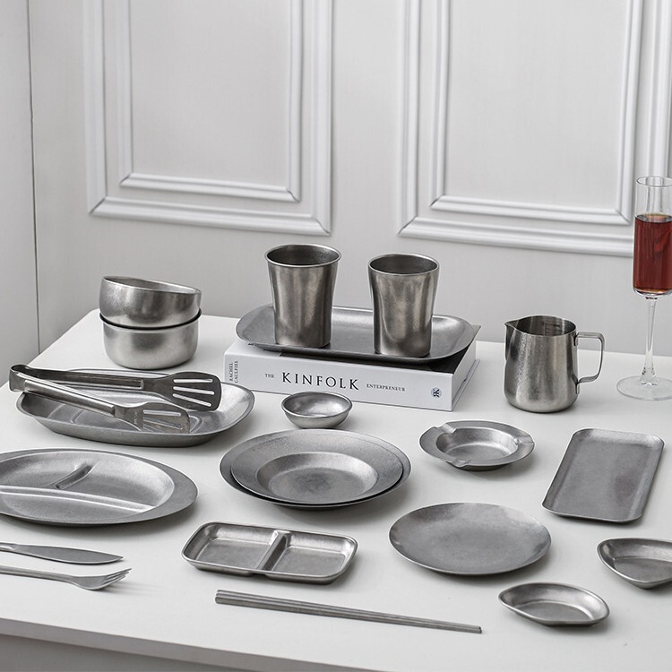 Retro 304 stainless steel tableware Japanese and Korean old bowl water Cup bone dish deep plate chopsticks rectangular plate barbecue hot pot