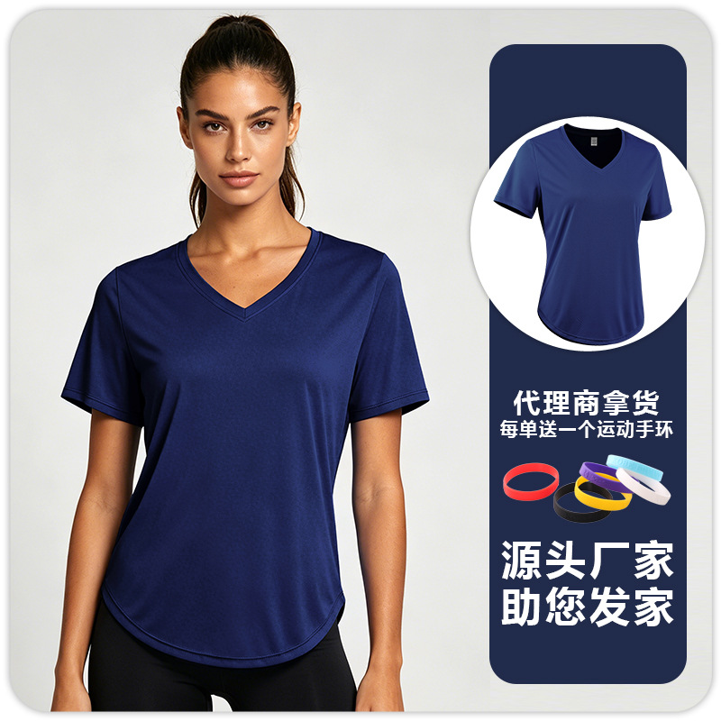 T-shirt de yoga de acondicionamiento físico para mujeres, protector solar, absorción de humedad, sudor, secado rápido, transpiración, correr, cuello en V, mangas cortas