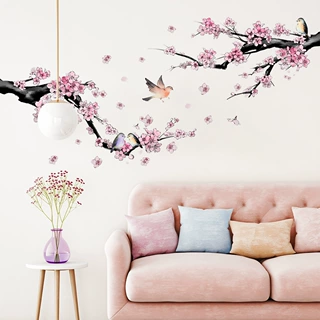 MS2260桃花树枝卡通鸟花瓣客厅背景墙房间装饰墙贴自粘