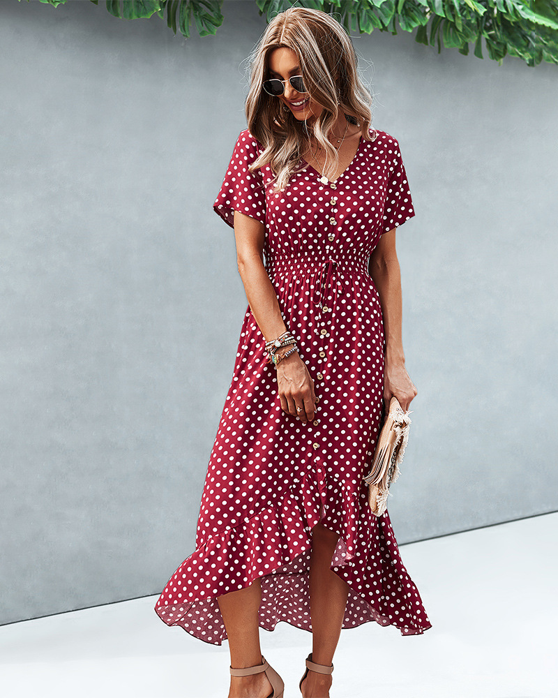 Short-Sleeved V-Neck Polka Dot Single-Breasted Dress NSDY100682