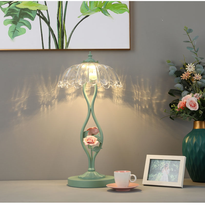 Nordic Green Eye Protection Table Lamp Bedside Lamp Bedroom Ins Girl's Heart Creative Personality Internet Celebrity Flower Princess Lamps
