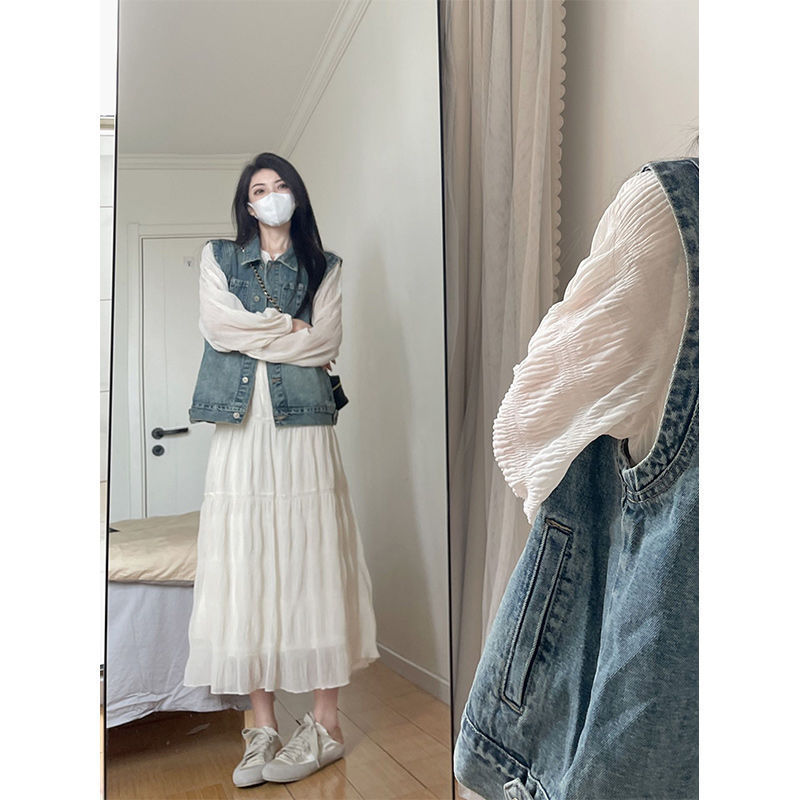 秋季穿搭一整套温柔风小香风牛仔马甲两件式洋装韩版气质高级感|undefined
