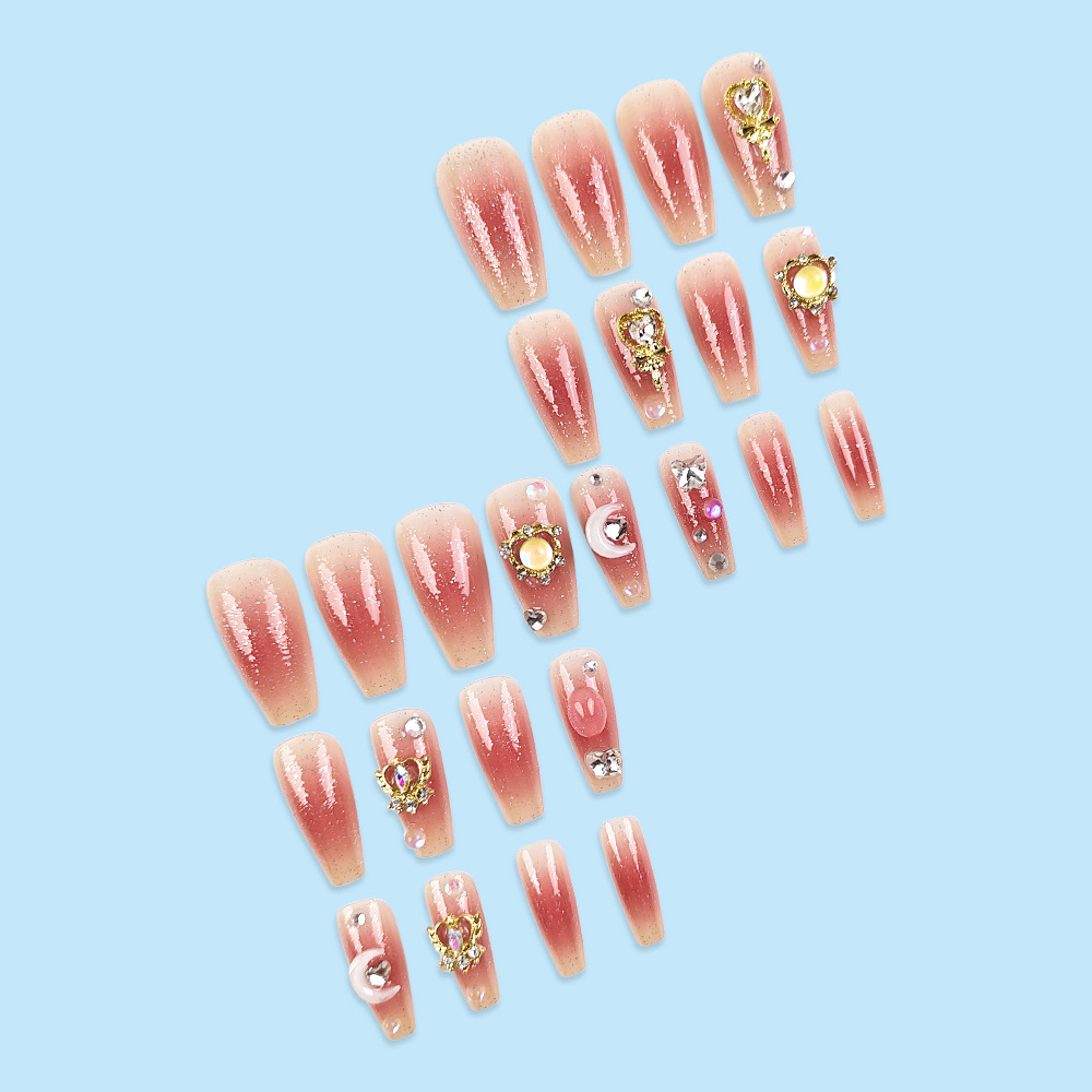 Las mejores ventas de color rosa blanco amor manicura dulce romántico diamante para usar uñas 24 piezas empaquetadas parches de uñas falsas