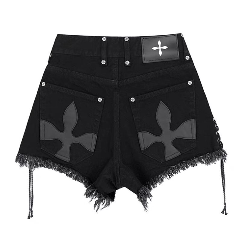 (2개) 인터넷 레드 블랙 데님 반바지 여성 여름 플러스 사이즈 뚱뚱한 자매 MM 슬리밍 높은 허리 넓은 다리 A 모양의 뜨거운 바지 유행