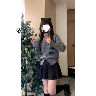 French Gray Bow Cardigan Sweater Women's Winter Outwear Niche Design Is Sweet and Super Nice for Autumn and Winter New…