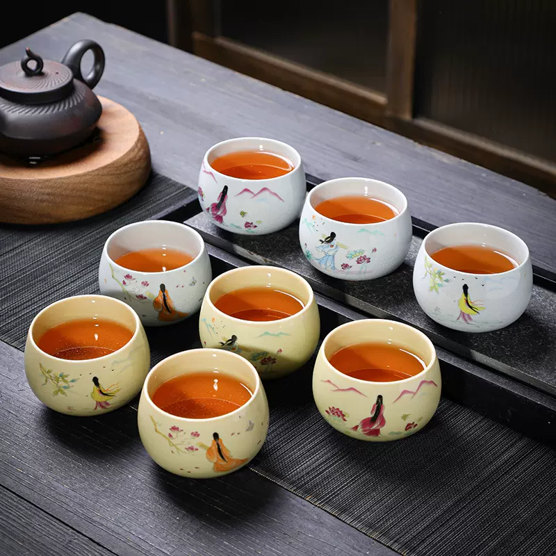 手绘风哥窑茶杯功夫茶具陶瓷品茗杯家用建盏伴手主人杯礼盒装批发
