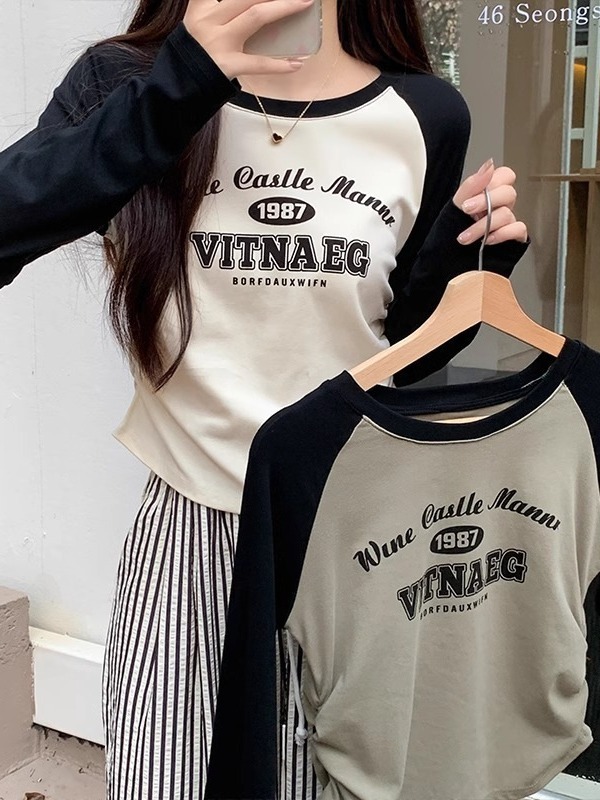ラグラン袖Tシャツ 秋2025新作 レディース スリムフィット プリント入りインナーシャツ デザイン感のあるプリーツ入り万能ショートトップス|undefined
