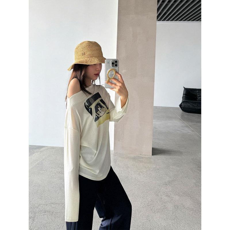 【Dropshipping】Cool and Stylish Sunglasses and Puppy Print One-Shoulder Long-Sleeve T-Shirt for Women, Summer Soft and Skin-Friendly Top Wq298 【Dropshipping】Cool and Stylish Sunglasses and Puppy Print One-Shoulder Long-Sleeve T-Shirt for Women, Summer Soft and Skin-Friendly Top Wq298