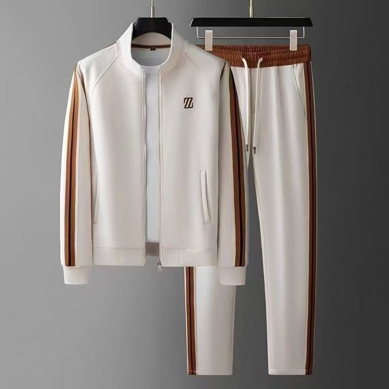 Men's Autumn New Stand Collar Casual Sports Suit Trendy Fashion Sportswear Long Sleeve Straight Pants Two-Piece Cotton Set
