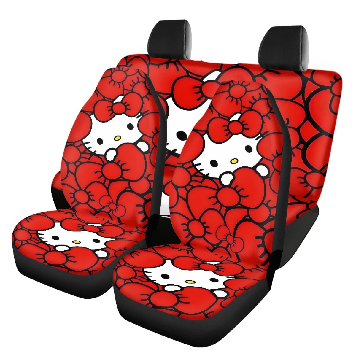 Custom-made car seat covers for independent online stores, featuring a coffee-colored leopard print and a Kitty cat design, to protect both the front and rear seats
