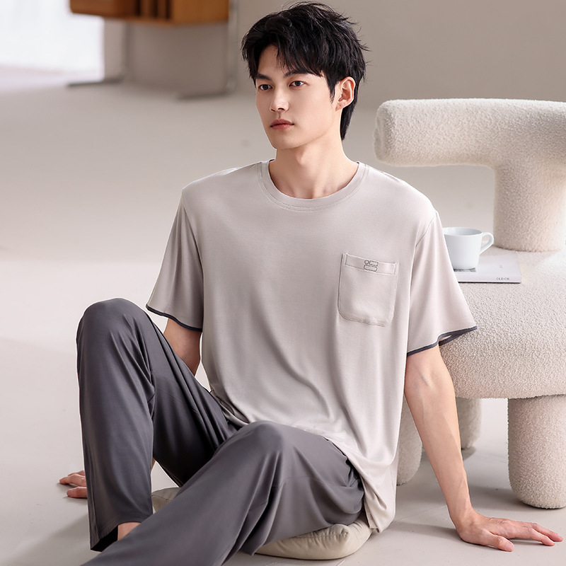 男性用パジャマ夏の新しいモーダル半袖ズボン 2 点セットティーンエイジャー薄型スタイルは家の服の外で着用できます大きいサイズ|undefined