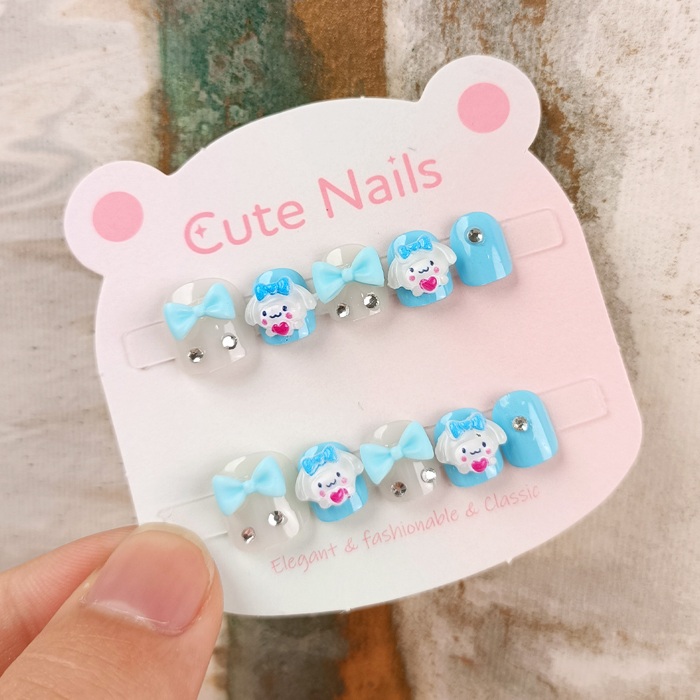 Dibujos animados para niños arte de uñas corto 3D arco para niños armadura de vestir 10 piezas de uñas de perro de jade con incrustaciones de diamantes tridimensionales
