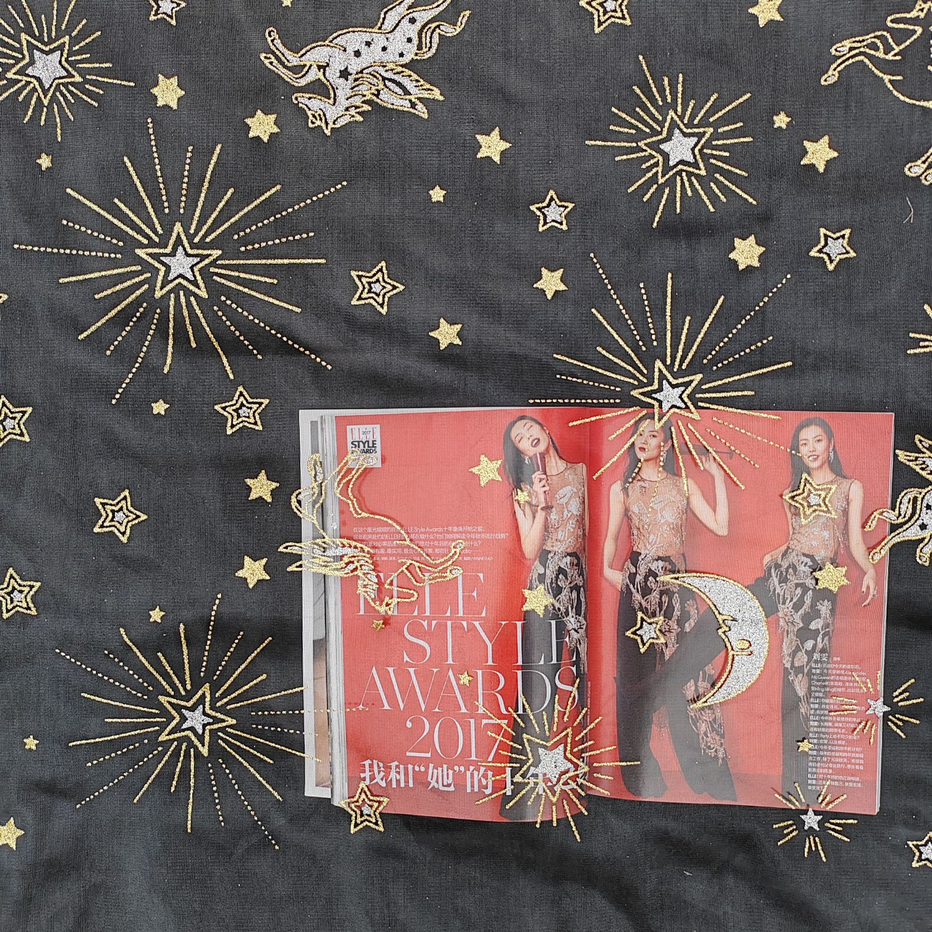 星星月亮飞马舞台服面料印金工艺网纱纱裙童装批发印金网纱