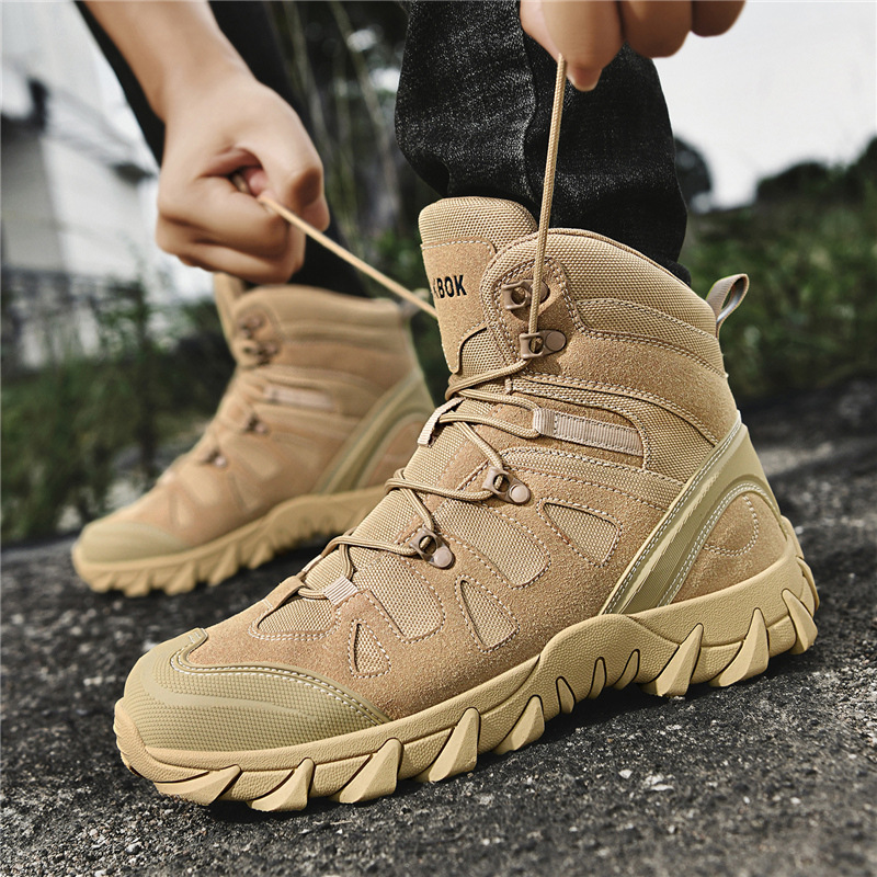 Autumn and Winter Genuine Leather High-Top Hiking Shoes for Men, Breathable Outdoor Hiking Shoes, Non-Slip Tactical Boots, Outdoor Camping Work Boots