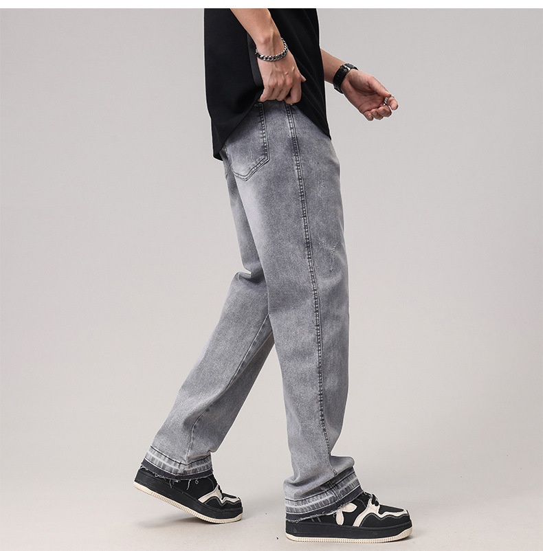 2023 Spring/Summer new solid-color jeans for men, washed light gray distressed pants with frayed edges, American straight-leg pants pic 14