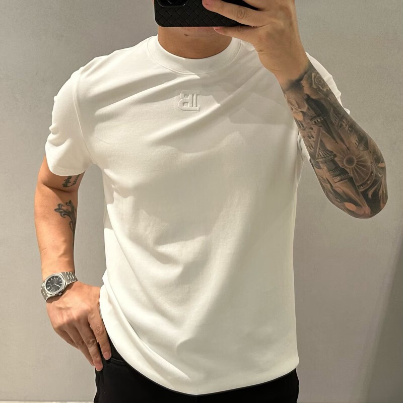 2025 Summer High-Quality Fitness Muscle Short-Sleeved Pure Color Short-Sleeved T-Shirt Men's T-Shirt Bottoming Shirt Trendy Right Shoulder American Style