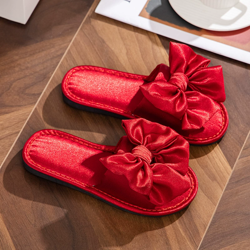 Весенне-летние свадебные сандалии для подружек невесты с бантом, атласные красные Тапочки, свадебное утреннее платье невесты с цельной доставкой