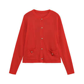 2025欧美风秋女装红色宽松简约针织衫毛衣   9003