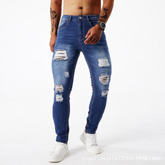 Cross-border men's ripped small feet jeans Amazon AliExpress am independent station stretch slim pants